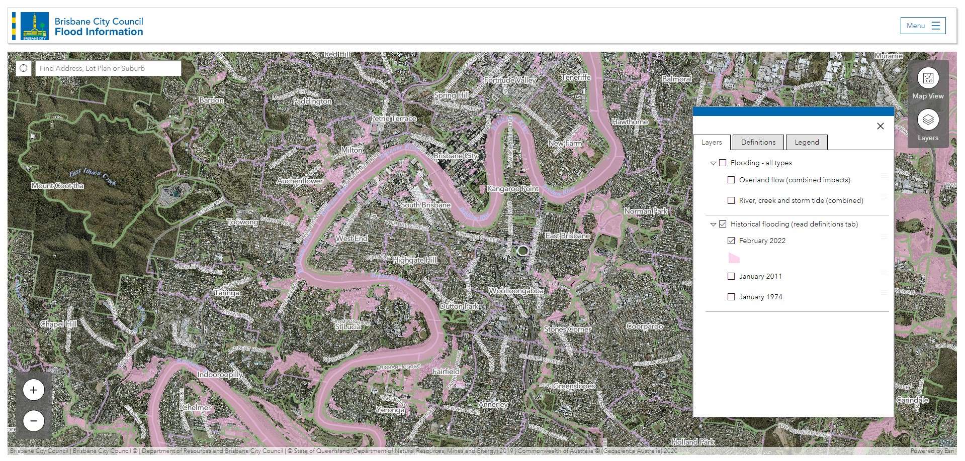 2022 Brisbane flood map covering Murarrie to Chapel Hill, highlighting flooded areas in pink.
