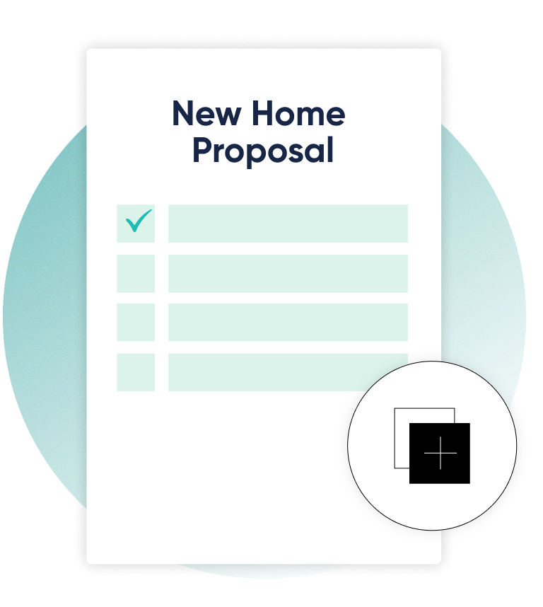 New home proposal contract being formed with first line completed, plus symbol overlay.