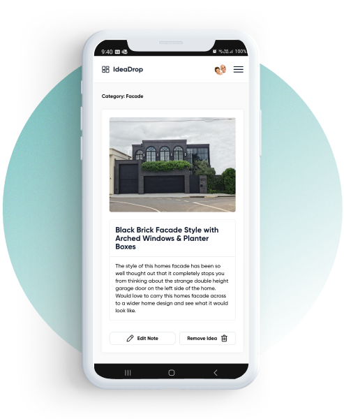 IdeaDrop app on mobile device showing user-uploaded image of black brick home facade with arched windows