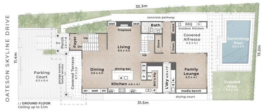 Ground floor plan of the property at 63 Oateson Skyline Drive, Seven Hills, showing the property boundary, front gate, parking court, porch, foyer, dining area, living area, kitchen, lounge, alfresco, backyard with swimming pool and grass area.