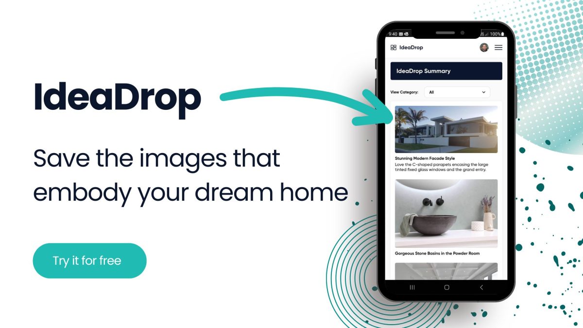IdeaDrop App ad with mobile device, home facade, ensuite vanity, and ‘try it for free’ button