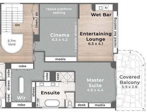 Section of floor plan showcasing the Cinema, Entertaining Lounge & Master Suite