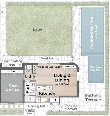 Floor plan showcasing the Pool house with its private areas