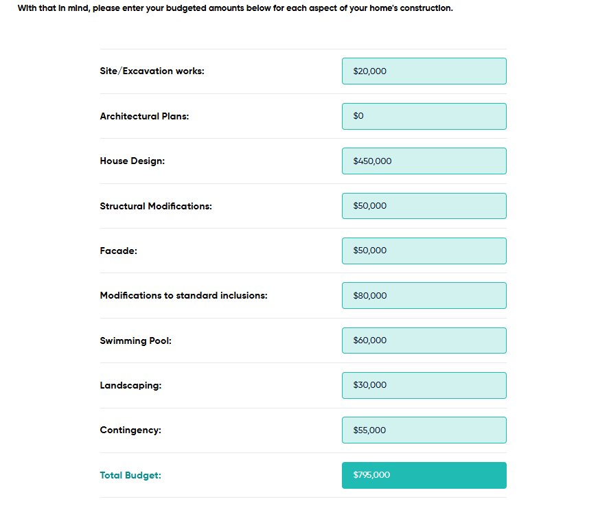 A screenshot from the HomeVision program showcasing the budget section.