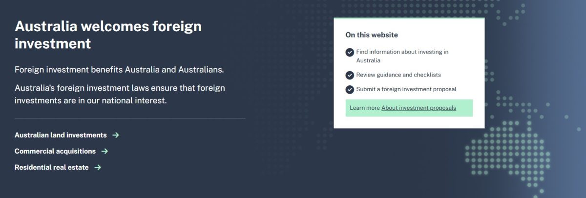 A Screenshot from the Firb website confirming that Australia Welcomes Foreign Investment